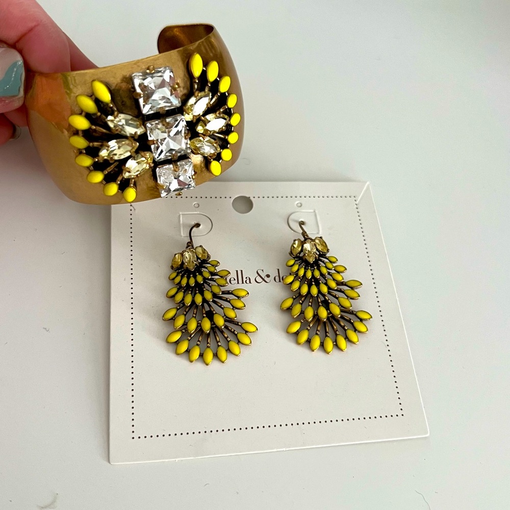 Stella and Dot Norah Rhinestone & Crystal Antiqued Cuff & Earring Set EUC